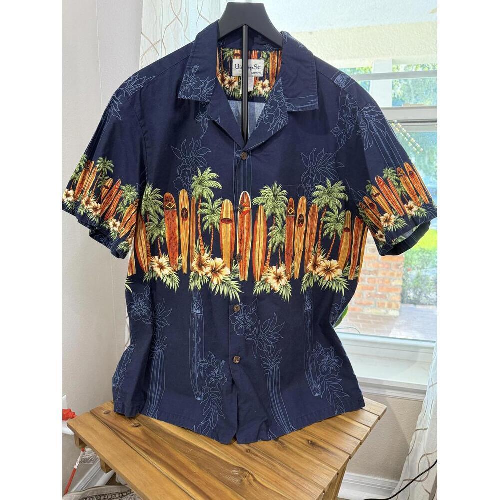 Bishop St Apparel Shirt Mens XL Navy Hawaiian Made Hawaii Surfer Floral Beach